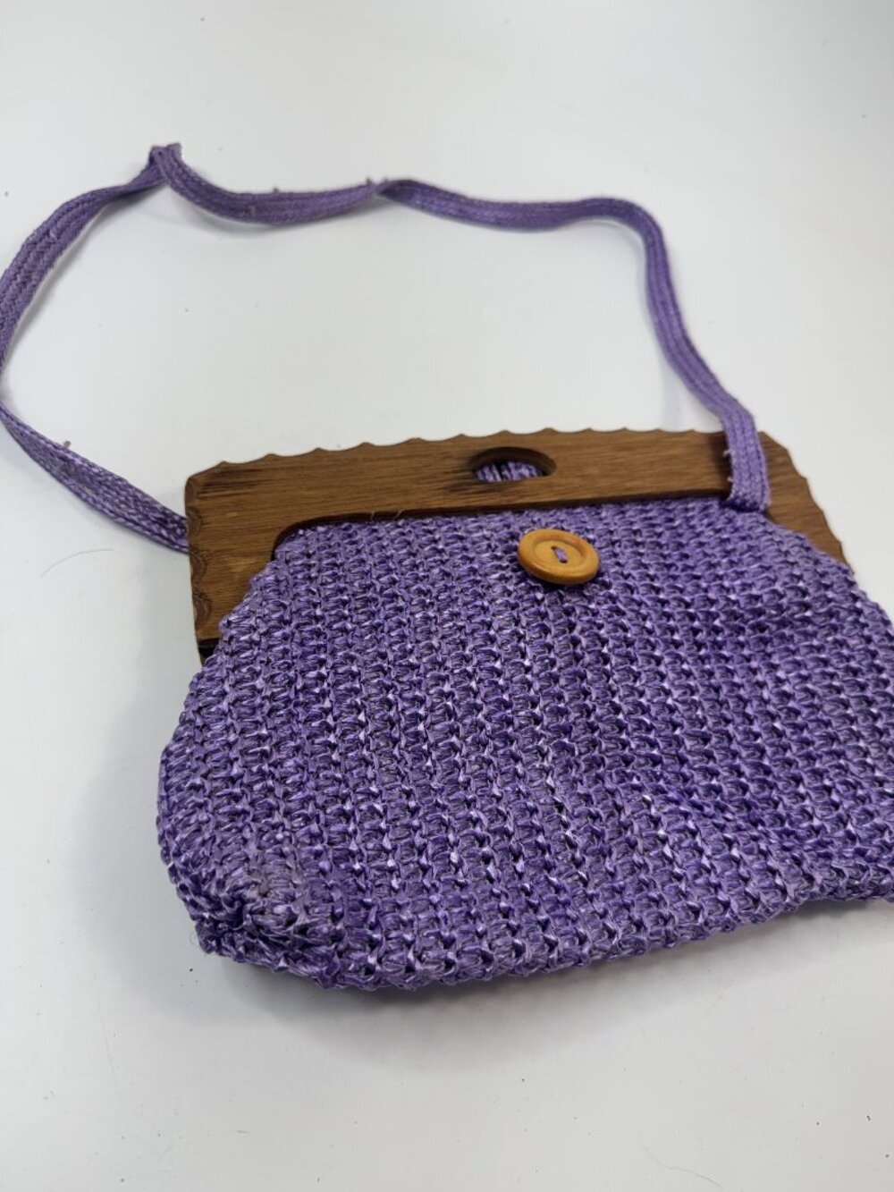 Holiday Fair Purple Knit Crossbody Bag With Wooden Frame & Button Closure